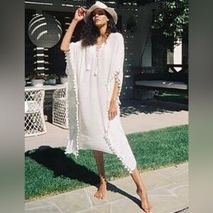 Walter Baker Women's White Acapulco Pom-Pom Beach Cover-Up Kaftan Sz OS